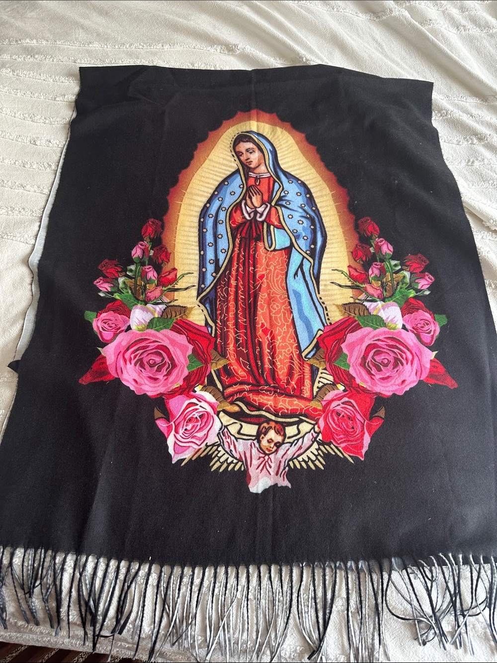 Our Lady of Guadalupe Floral Tassel Scarf/Wrap for Women. OSFA